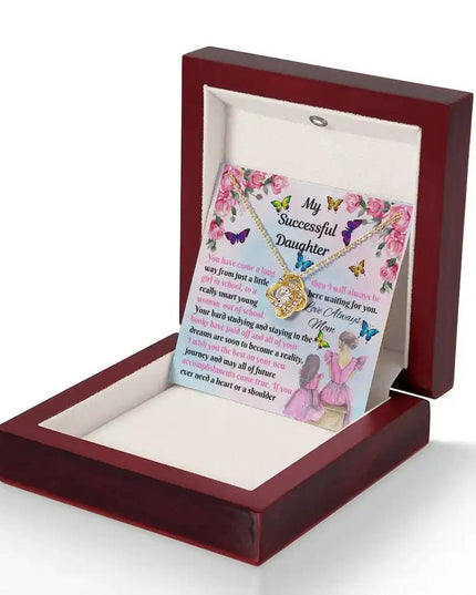 Love Knot Necklace yellow gold mahogany box angled right