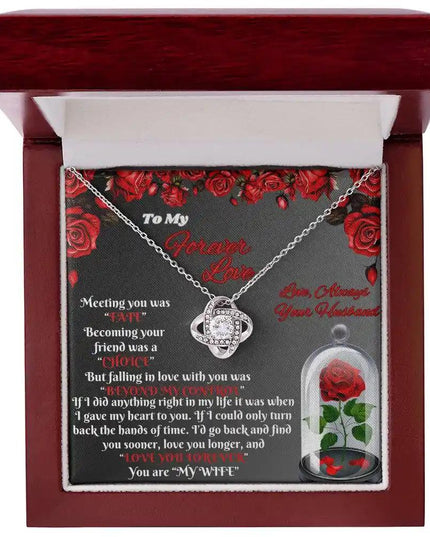 white gold love knot necklace in mahogany box
