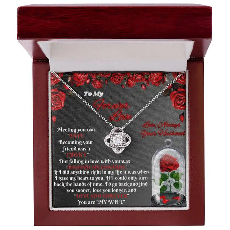 white gold love knot necklace in mahogany box