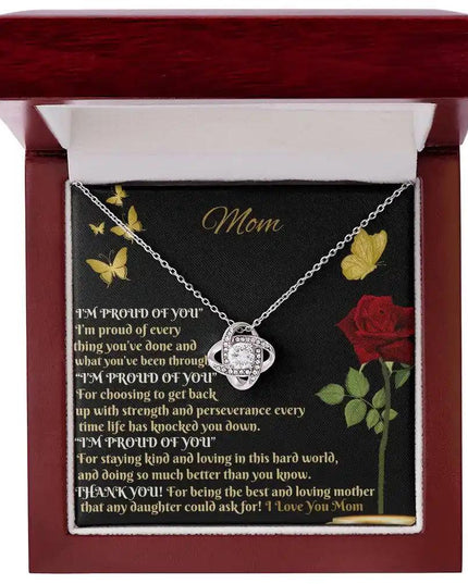 white gold love knot necklace in mahogany box