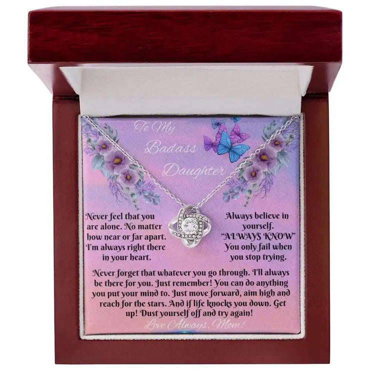 white gold love knot necklace in mahogany box