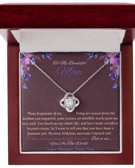 white gold love knot necklace in mahogany box