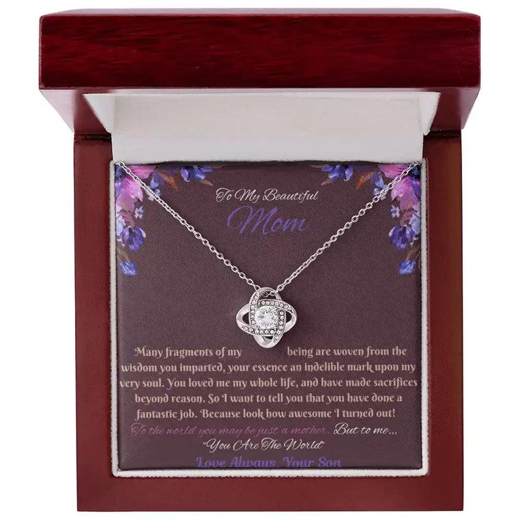 white gold love knot necklace in mahogany box