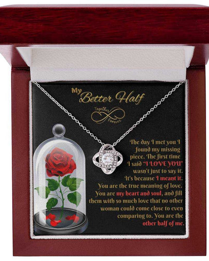 14k white gold love knot necklace in luxury box up close