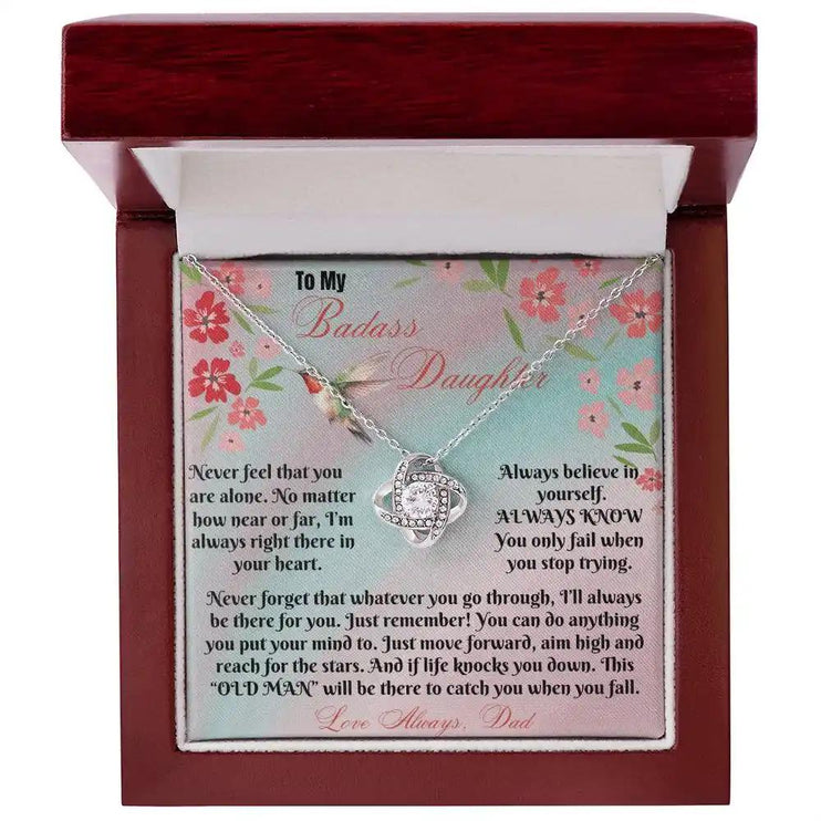 white gold love knot necklace in mahogany box