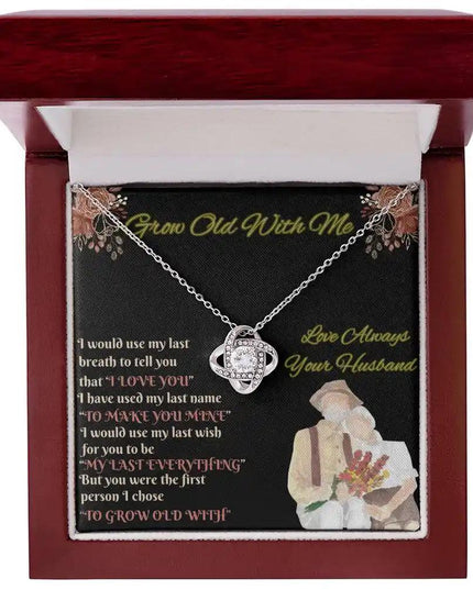 white gold love knot necklace in mahogany box