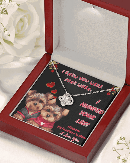 white gold love knot necklace in a luxury box angled to the right