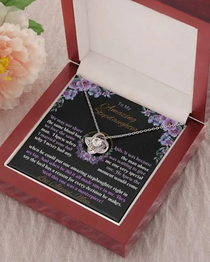 white gold love knot necklace mahogany box angle right