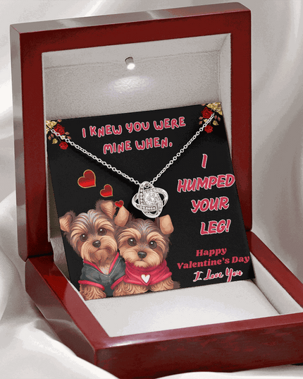 white gold love knot necklace in a luxury box with LED light on