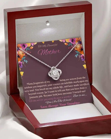 white gold love knot necklace in mahogany box