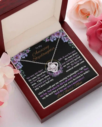 white gold love knot necklace mahogany box angle left