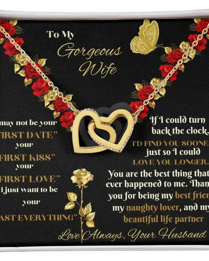 yellow gold interlocking hearts necklace in a two-tone box