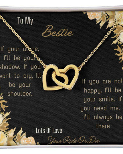 interlocking hearts necklace with bestie greeting card in rose gold and two tone box