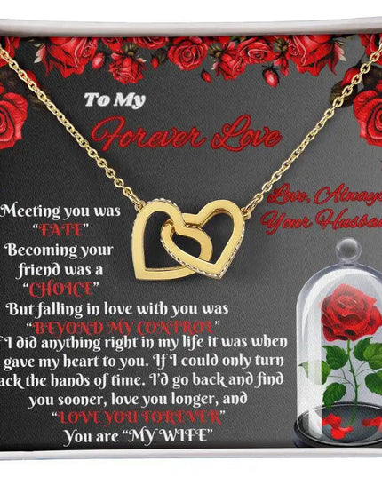 gold interlocking hearts necklace in two-tone box
