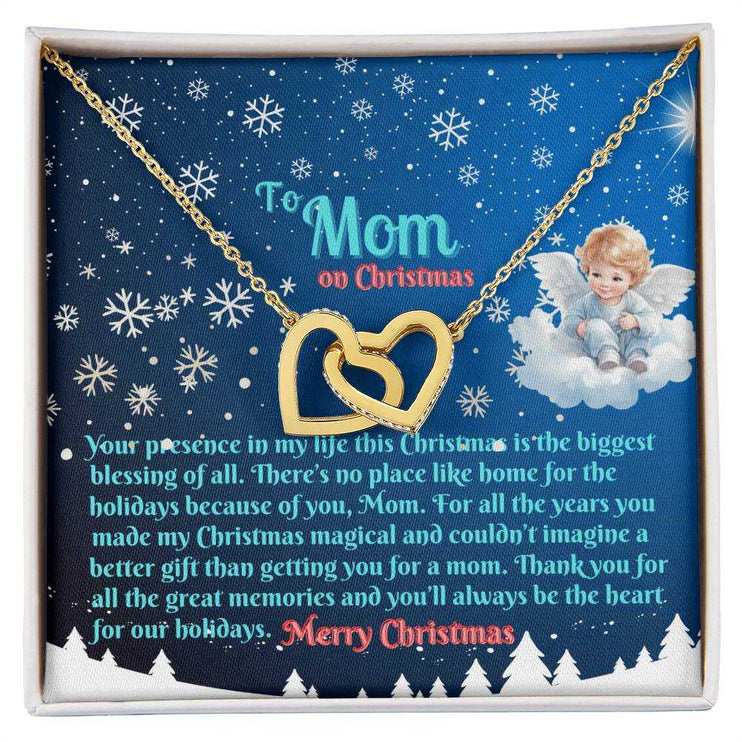 gold interlocking hearts necklace in soft box up close