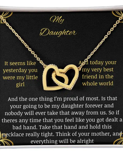Interlocking Hearts Necklace with a gold charm in a two-tone box angle 1