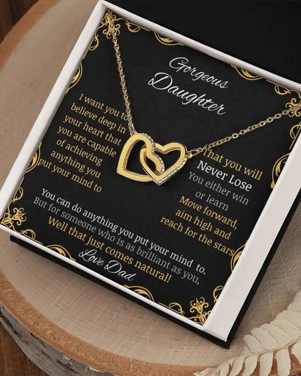 Interlocking Hearts Necklace with gold charm and in a two-tone box angle 2