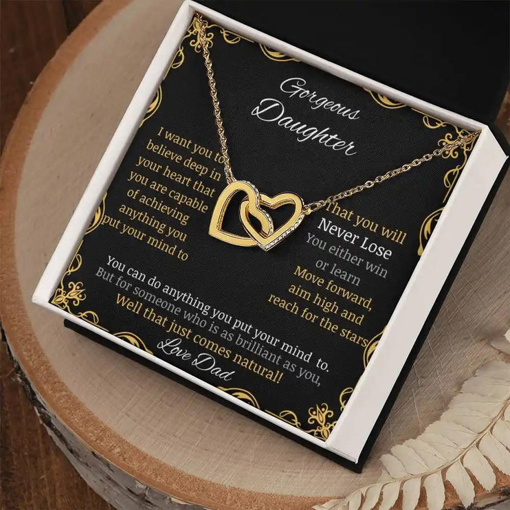 Interlocking Hearts Necklace with gold charm and in a two-tone box angle 2