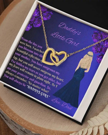 gold interlocking hearts necklace in two-tone box angled right