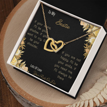 interlocking hearts necklace with bestie greeting card in rose gold and two tone box