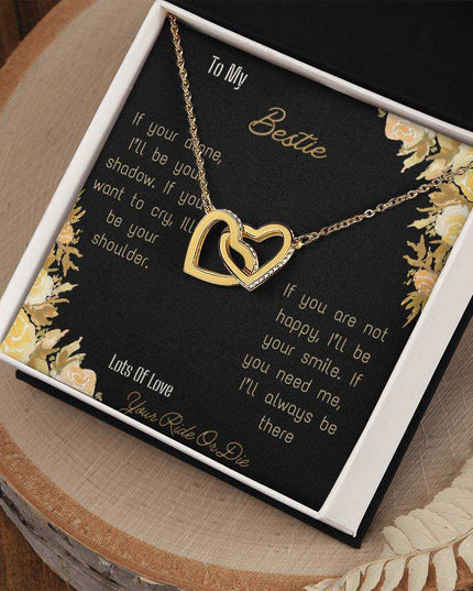 interlocking hearts necklace with bestie greeting card in rose gold and two tone box
