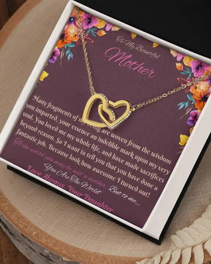 gold interlocking hearts necklace in soft box