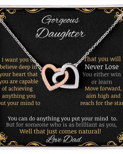 Interlocking Hearts Necklace with rose gold charm and in a two-tone box angle 1
