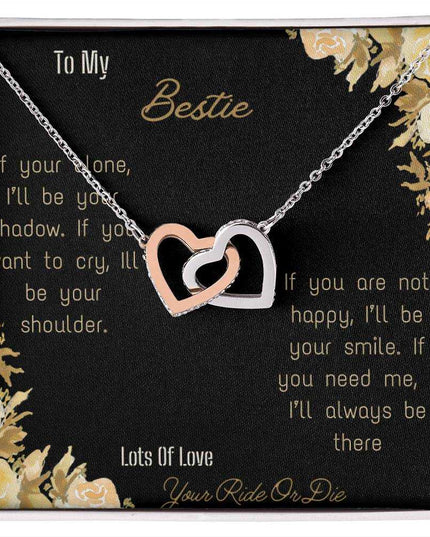 interlocking hearts necklace with bestie greeting card in rose gold and two tone box