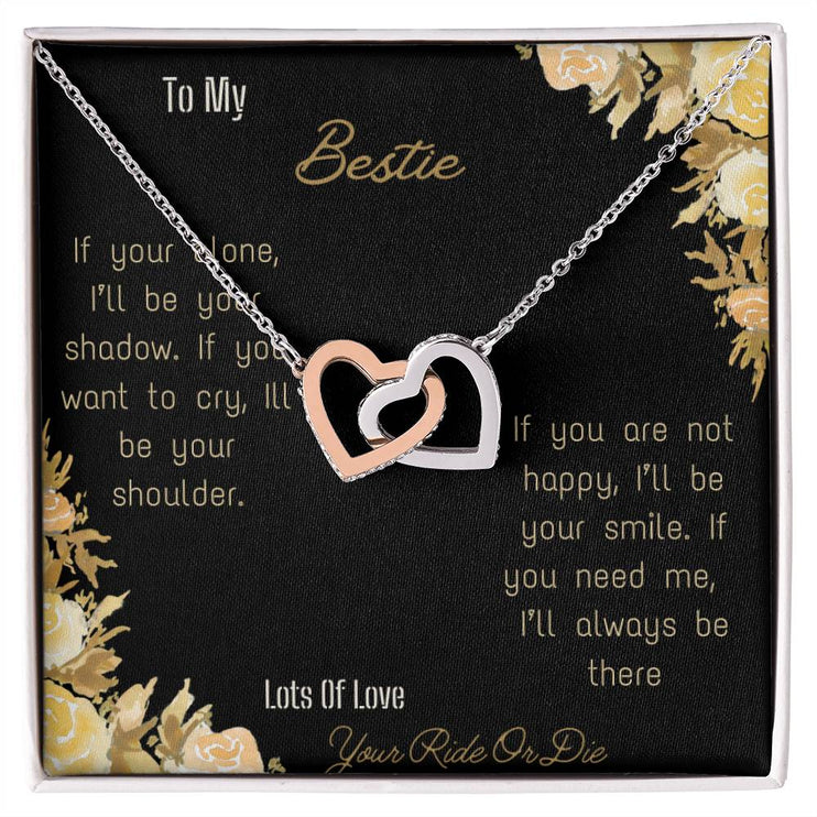 interlocking hearts necklace with bestie greeting card in rose gold and two tone box