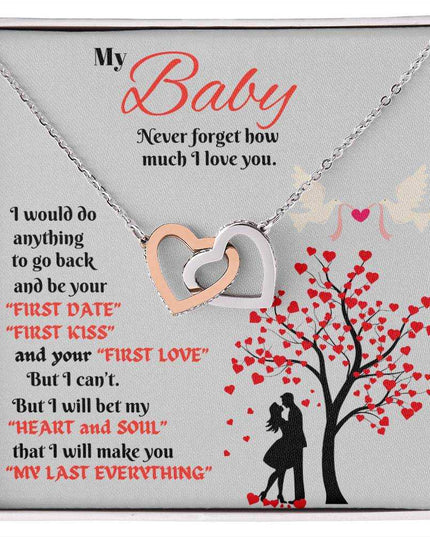 rose gold interlocking hearts necklace in a soft box up close