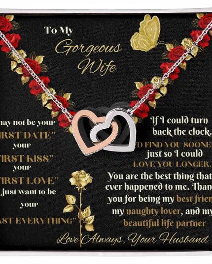 rose gold interlocking hearts necklace in a two-tone box