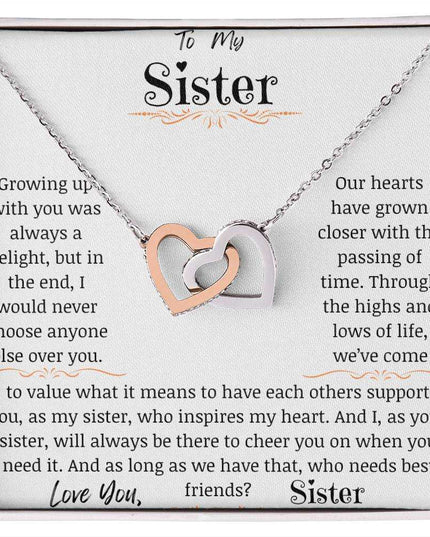 a rose gold interlocking hearts necklace up close