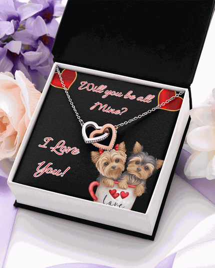 rose gold interlocking hearts necklace in a soft box with flowers