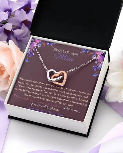 rose gold interlocking hearts necklace in soft box angled right