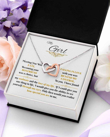 rose gold interlocking hearts necklace in soft box angled right