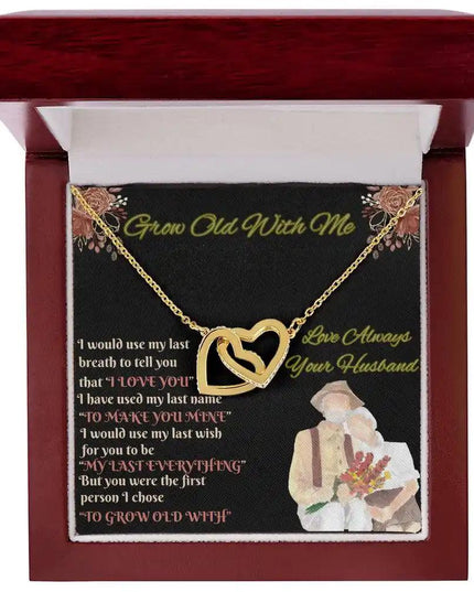 yellow gold interlocking hearts necklace in mahogany box