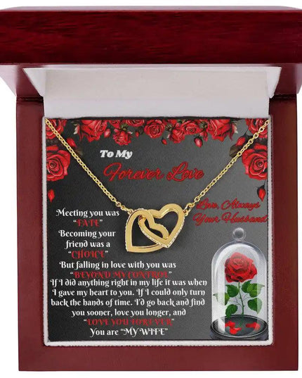 gold interlocking hearts necklace in mahogany box