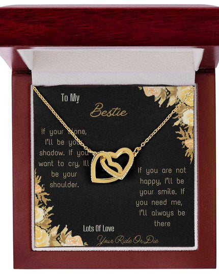 interlocking hearts necklace with bestie greeting card in rose gold and mahogany box