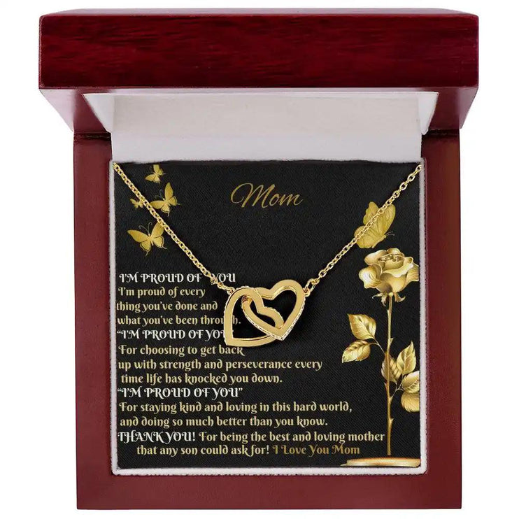 gold interlocking hearts necklace in mahogany box