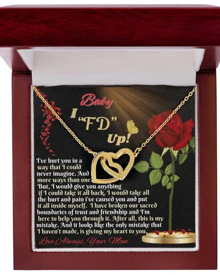 gold interlocking hearts necklace in mahogany box
