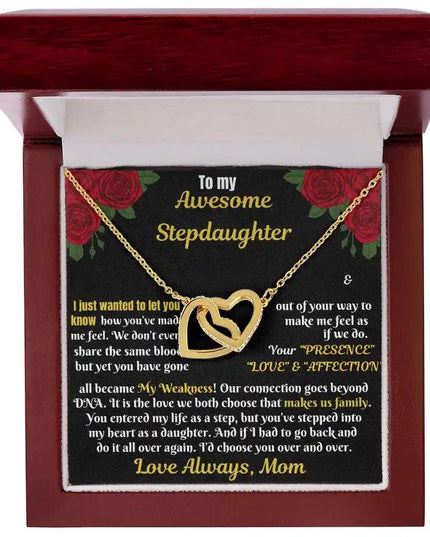 gold interlocking hearts necklace in two-tone box