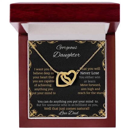 Interlocking Hearts Necklace with gold charm and in a mahogany box angle 1