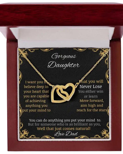 Interlocking Hearts Necklace with gold charm and in a mahogany box angle 1