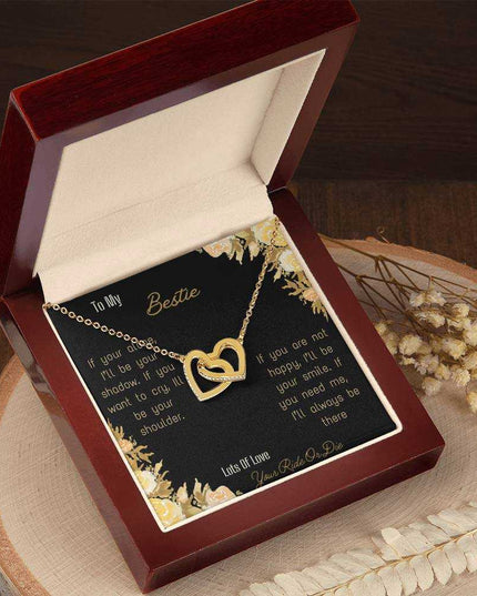 interlocking hearts necklace with bestie greeting card in rose gold and mahogany box