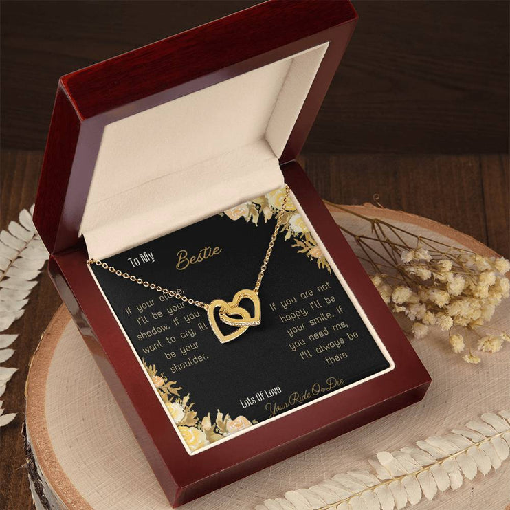 interlocking hearts necklace with bestie greeting card in rose gold and mahogany box