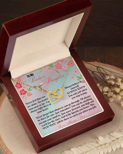 yellow gold interlocking hearts necklace in mahogany box