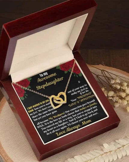 gold interlocking hearts necklace in two-tone box