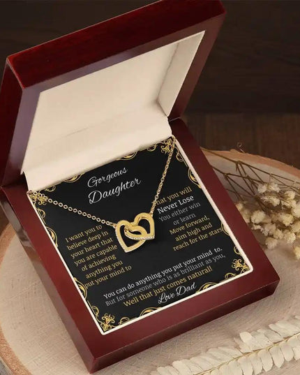 Interlocking Hearts Necklace with gold charm and in a mahogany box angle 2