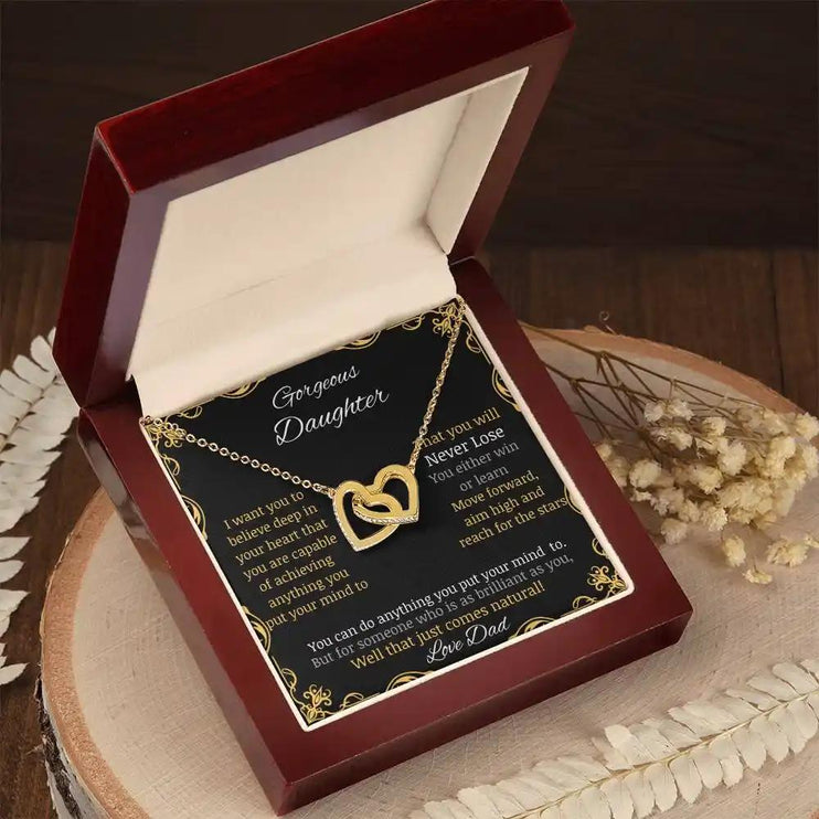 Interlocking Hearts Necklace with gold charm and in a mahogany box angle 2