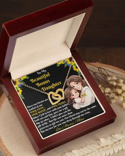 yellow gold interlocking hearts necklace mahogany box angled left
